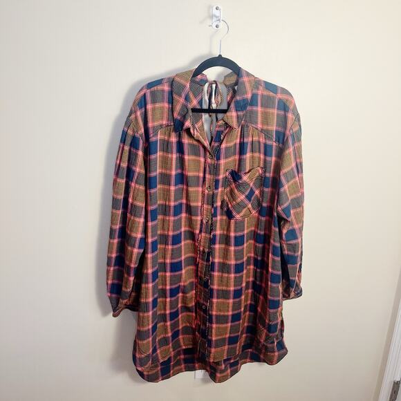 Free People Plaid Wild Side Tunic Flannel Size Medium Pink Brown - Picture 4 of 11